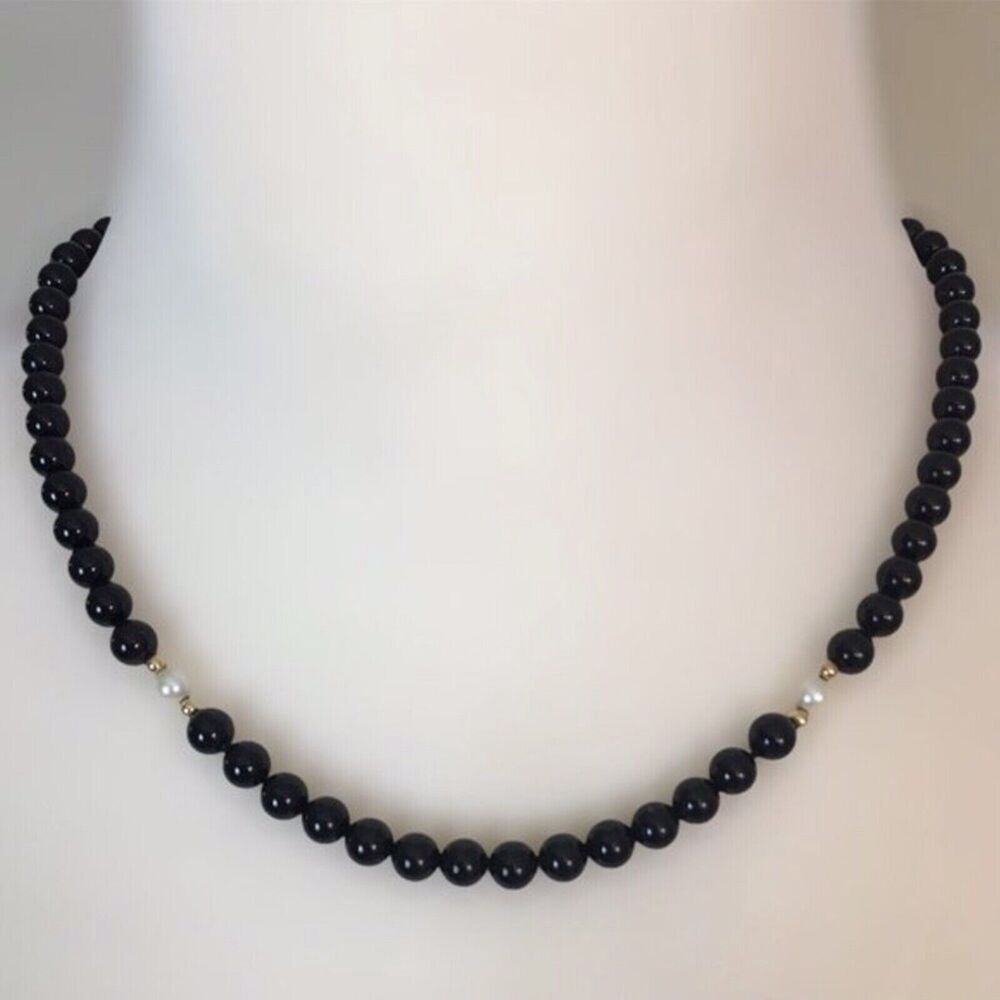 Vintage Imperial-Deltah Onyx Bead Necklace 14K Gold Clasp Pearls Signed IPS